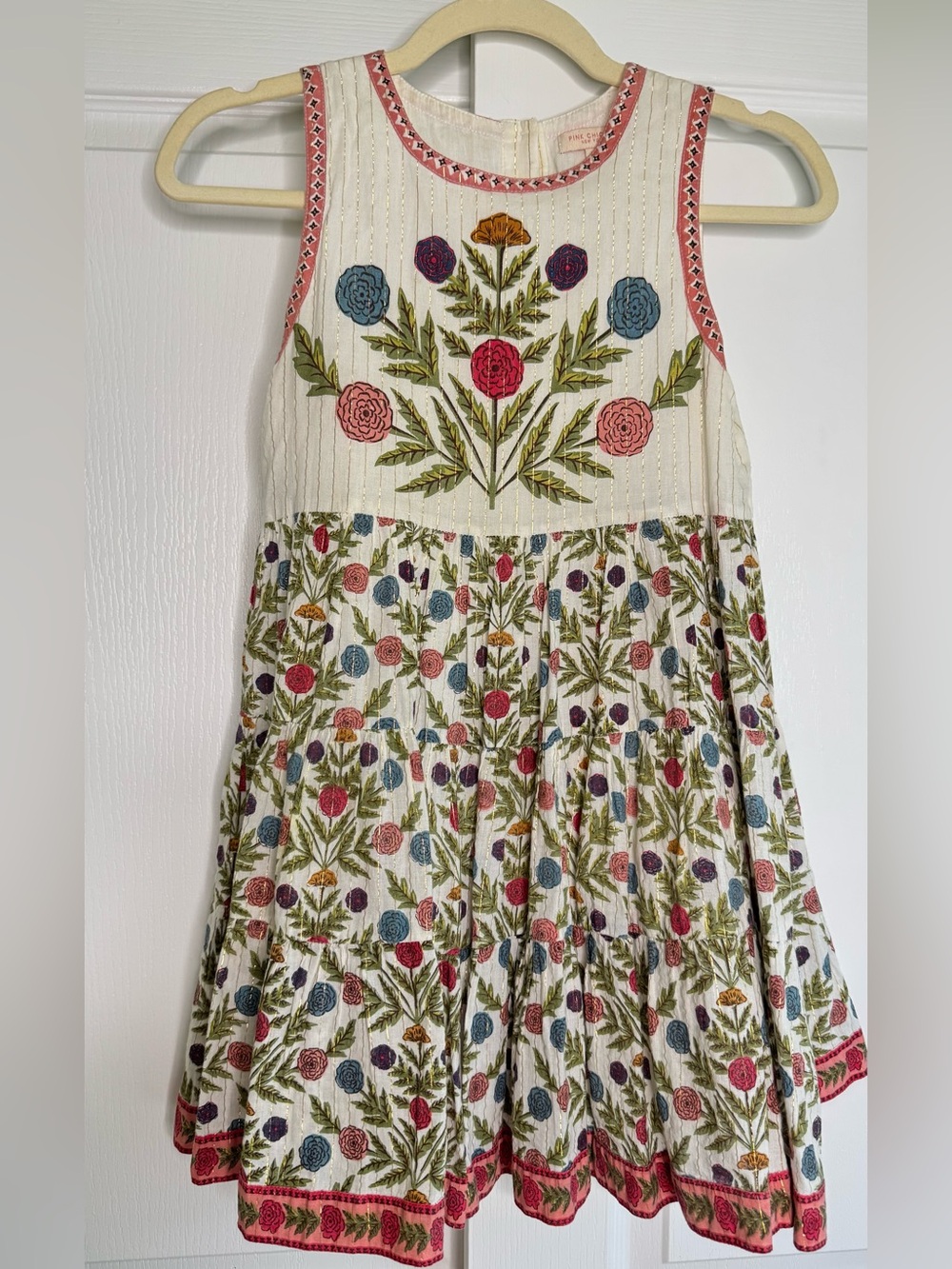 Pink Chicken Floral with Metallic Stripes Sleeveless Cotton Dress Size 8Y